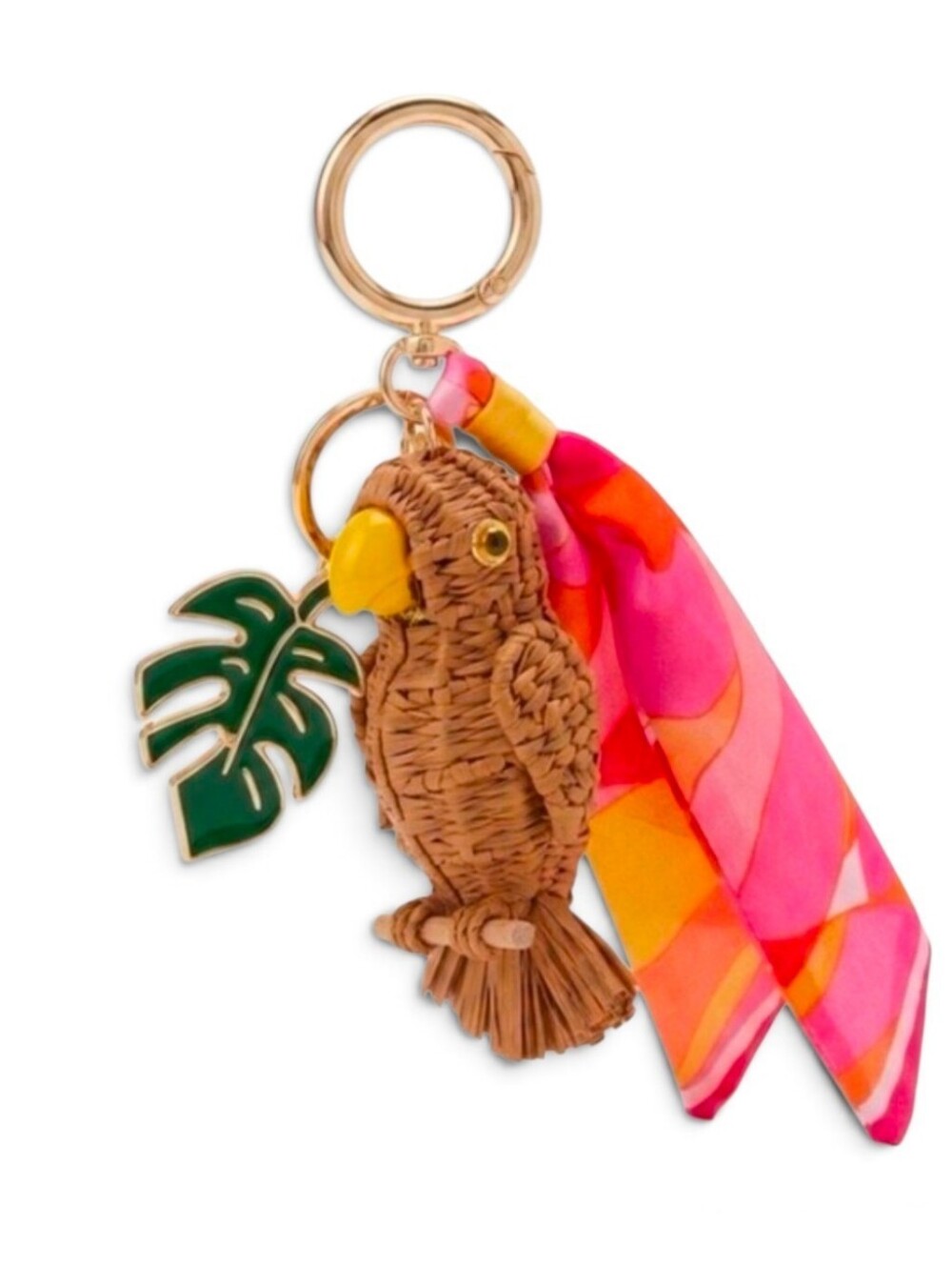 🦜▪️piper k▪️ Woven Parrot Bag Charm Keychain with Tropical Leaf & Pink Scarf